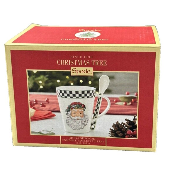 Spode Black and White Porcelain Christmas Tree Mug and Spoon Set New in Box - Picture 3 of 12